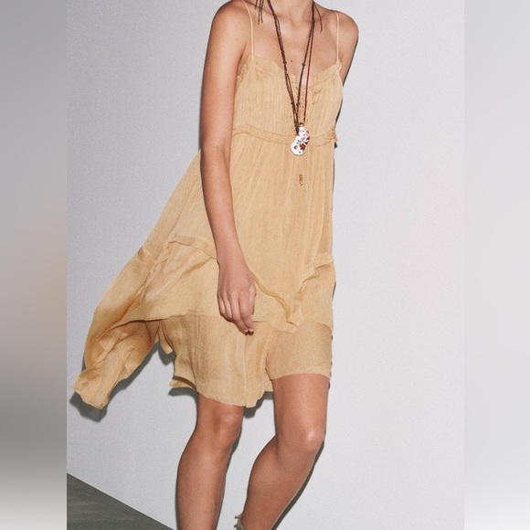 ZARA BEIGE ASYMMETRIC RUFFLED DRESS ZW COLLECTION SZ MEDIUM NEW WITH TAGS - Picture 3 of 15